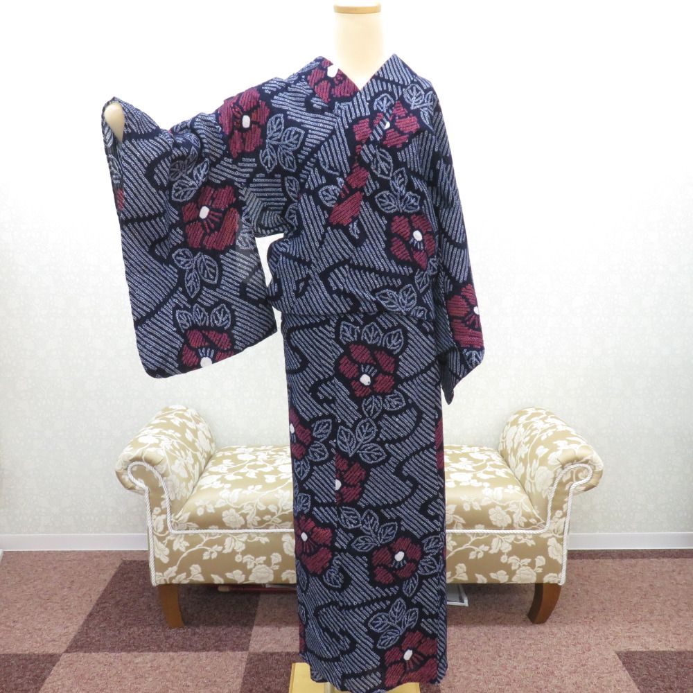 浴衣 絞り 絞り浴衣 藍 白 青 ピンク 花デザイン 仕立て上がり 夏物 女性用ゆかた 綿100% レディース 夏祭り 花火大会 身丈162.8cm 【キモノオフ野々市若松店】 浴衣 絞り 絞り浴衣 藍 白 青 ピンク 花デザイン 仕立て上がり 夏物