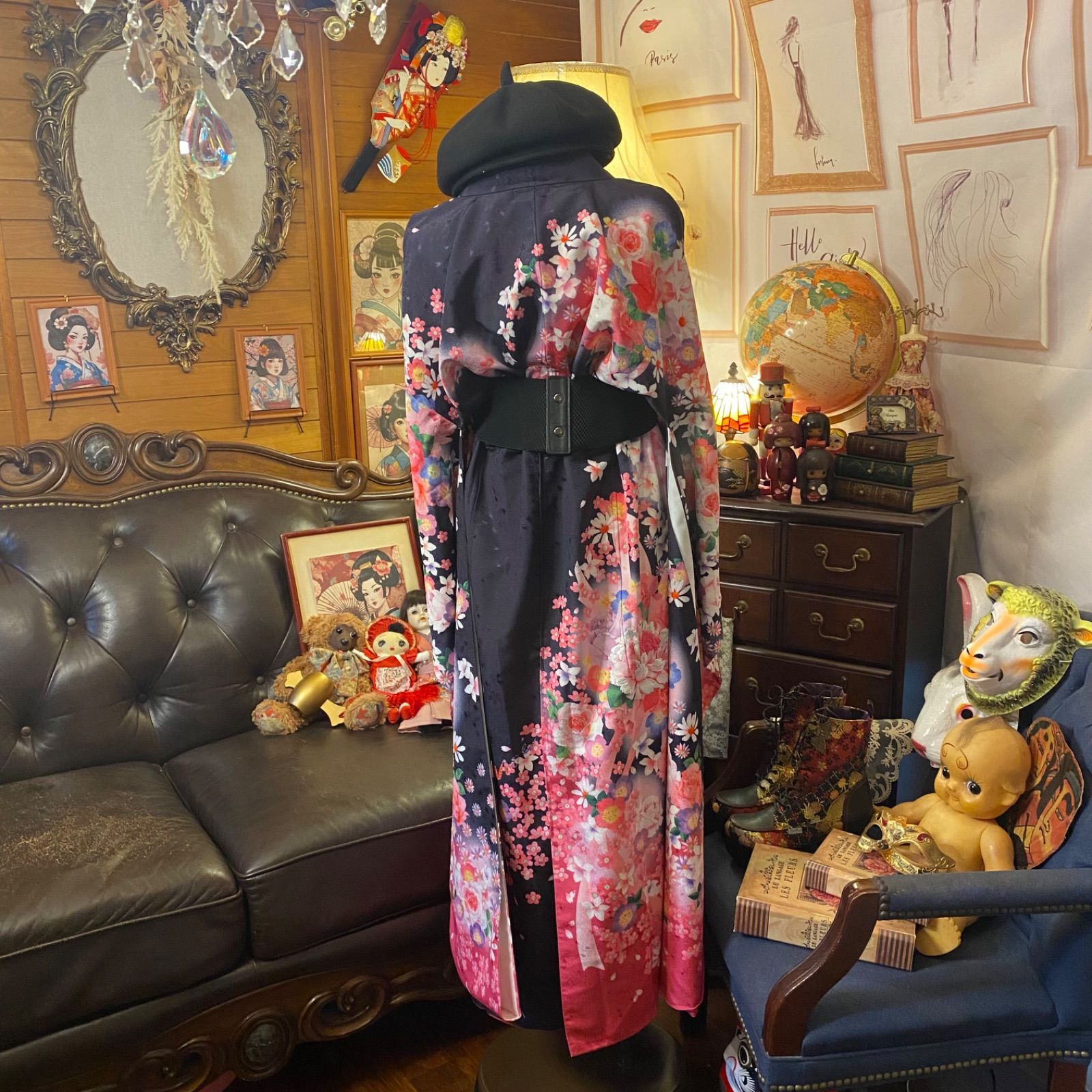 リメイク 振袖着物ロングワンピース 洗える 化繊 和洋折衷