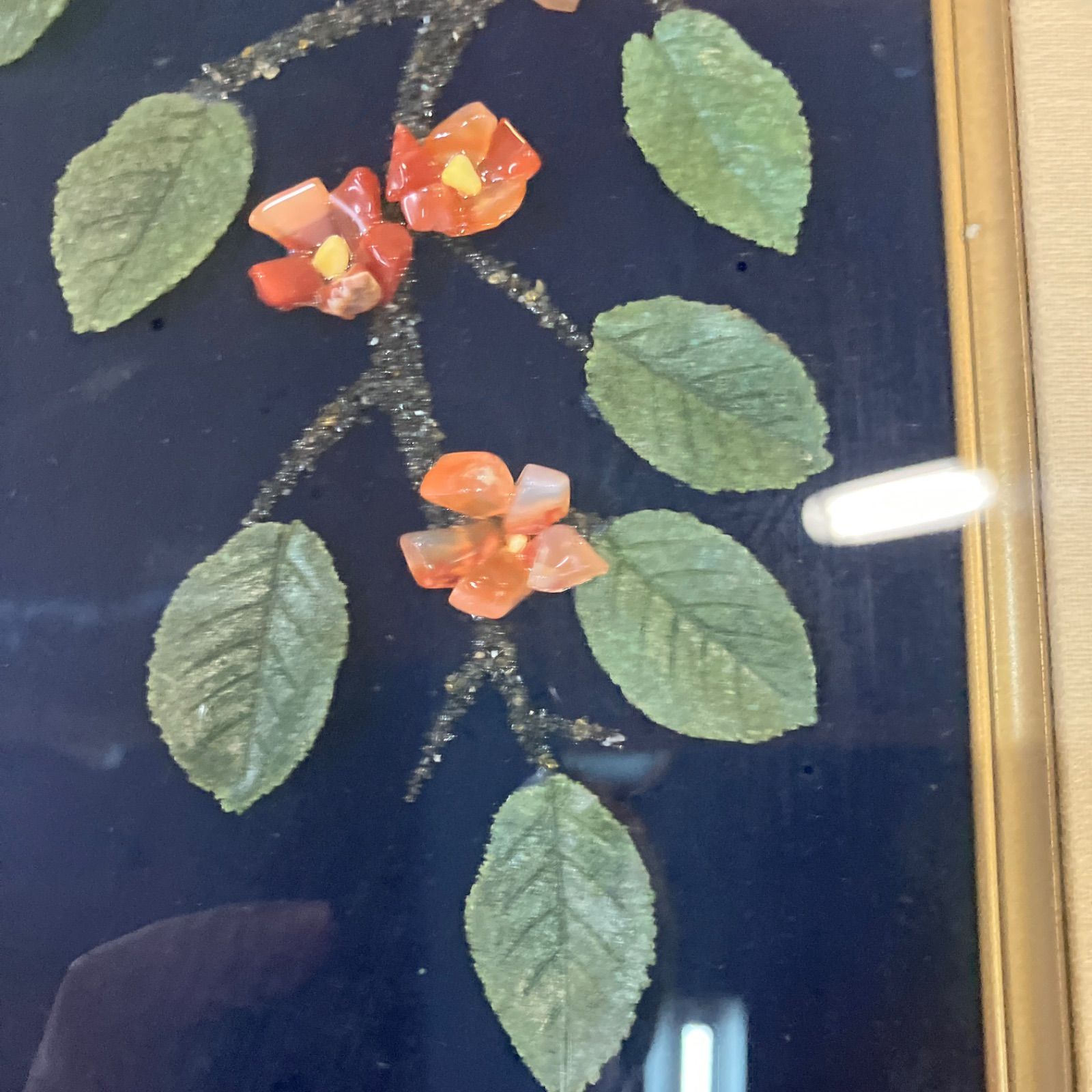 アンティーク】額装 額縁 宝石画 原石 鑑賞石 花瓶 花 絵画
