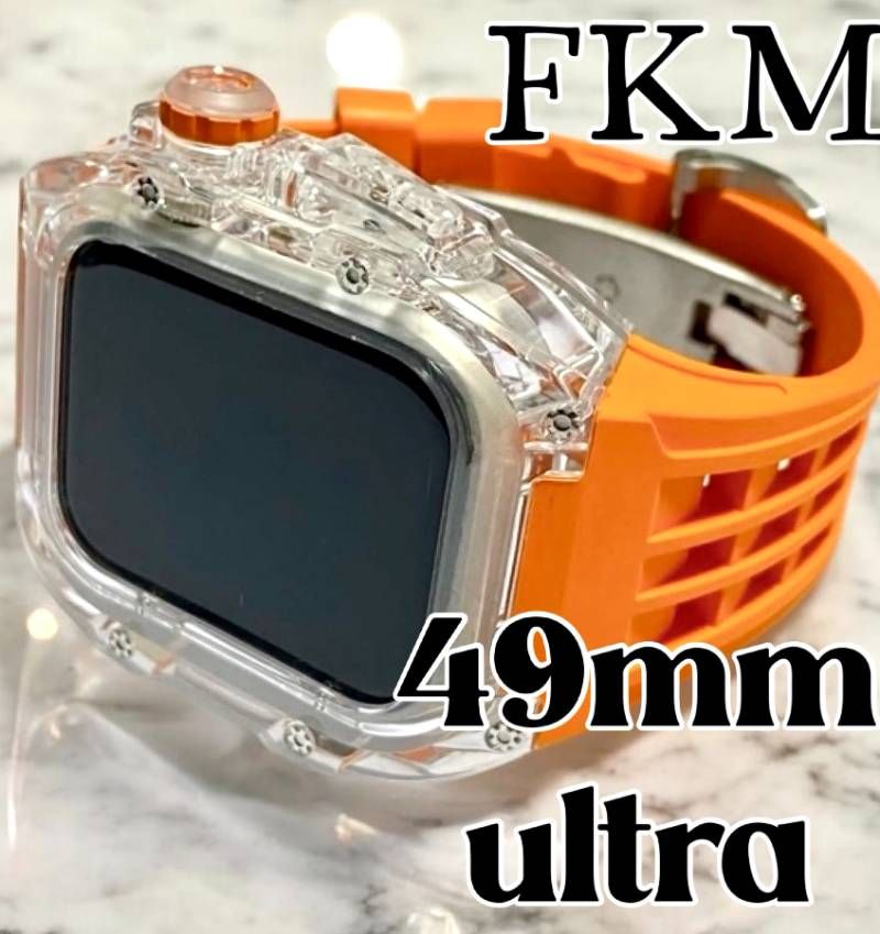 オレンジ アップルウォッチ ウルトラ ケース 互換性対応 カスタム カバー 保護 ギフト 49mm FKM フッ素ラバーベルト バンド セット Ultra 1|2|3