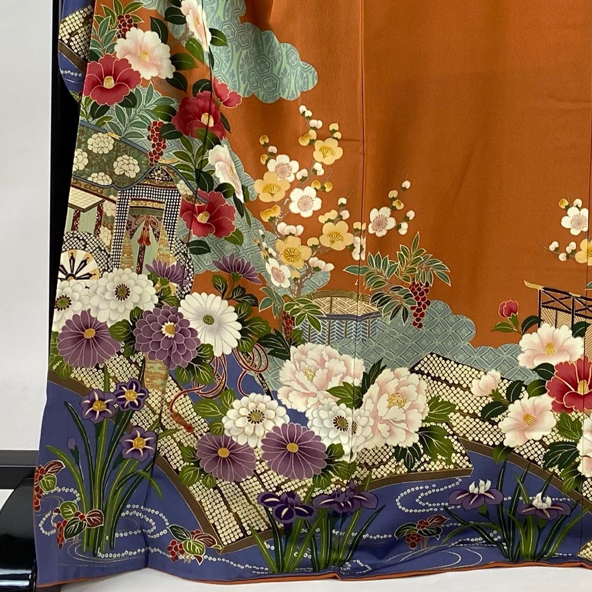 振袖 身丈168.5cm 裄丈70cm L 袷 花井幸子 落款 椿 御所車 刺繍