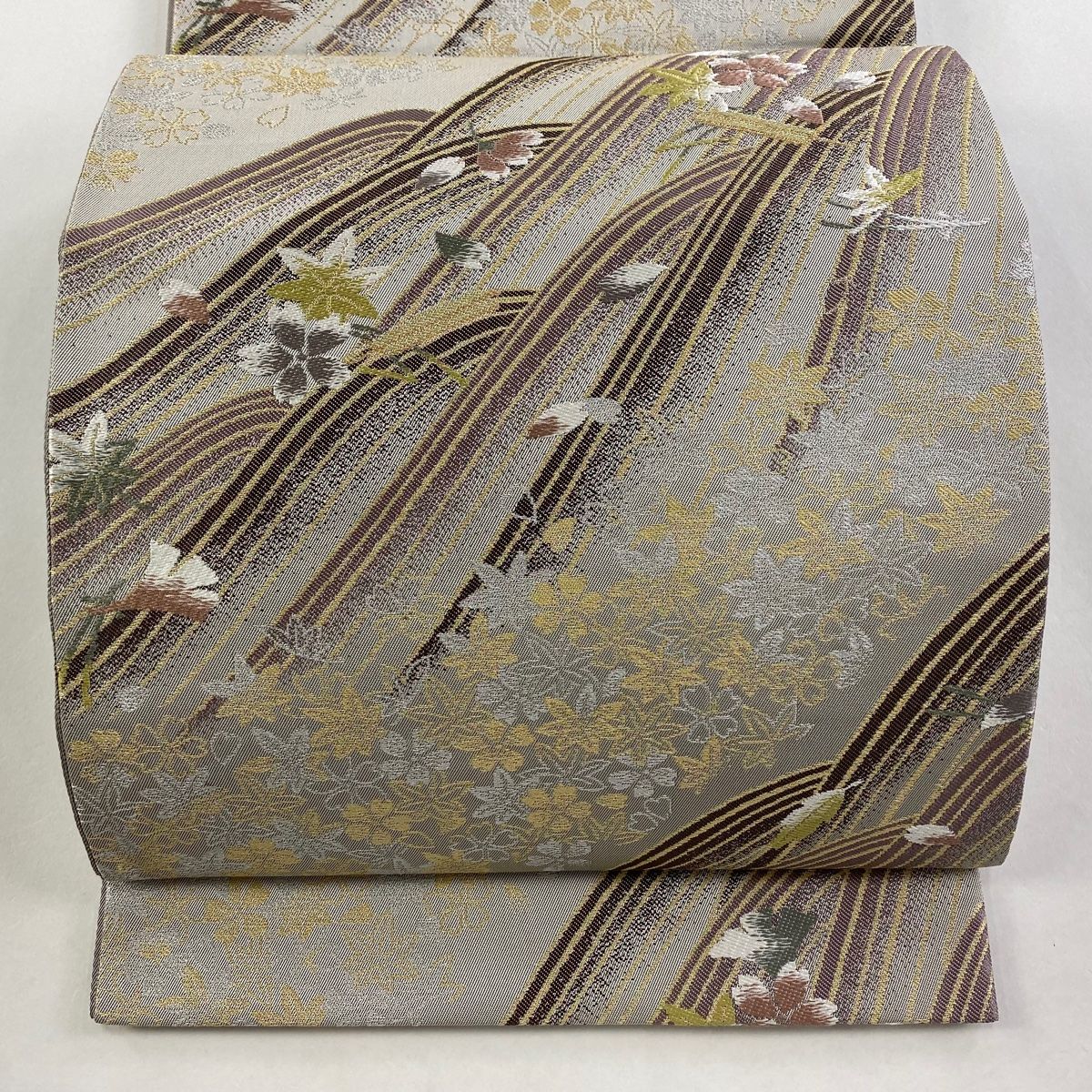 袋帯 坂東三津五郎 落款 やまと 桜 波 金銀糸 唐織 灰茶 六通 正絹