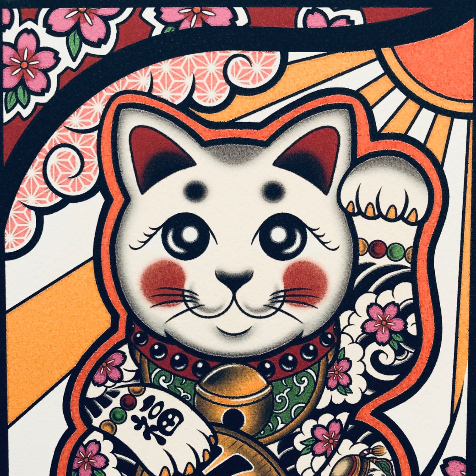 アンティーク可愛らしいお顔で良き人を呼び込む超特大一刀彫の招き猫 Vintage Japanese Folk Art: 招き猫(特大) / 豊岡招き猫