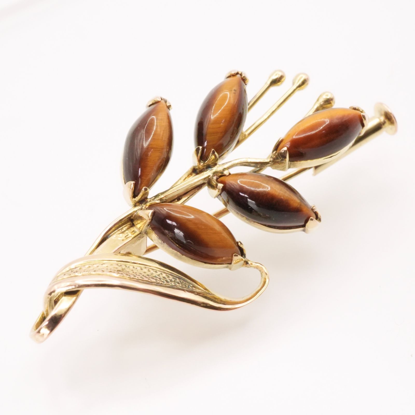 14K タイガーアイ リーフモチーフ レトロ ブローチ/24-3328S