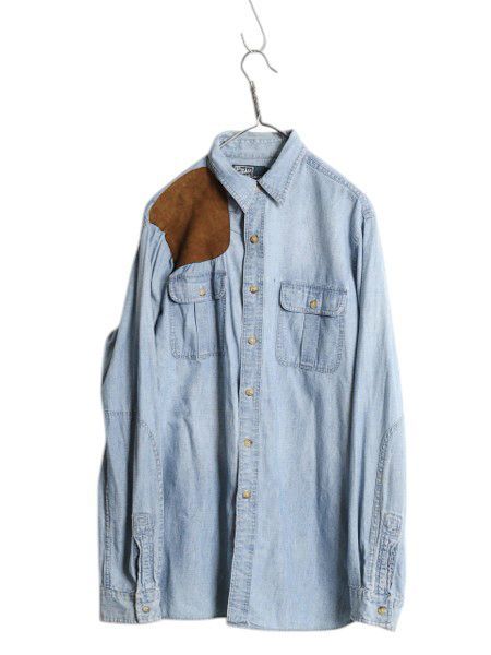 なクーポン配布中! 00s ポロ ラルフローレン 長袖 シャンブレー シャツ メンズ L コットン 本革 レザー ハンティング シューティング マチ付き