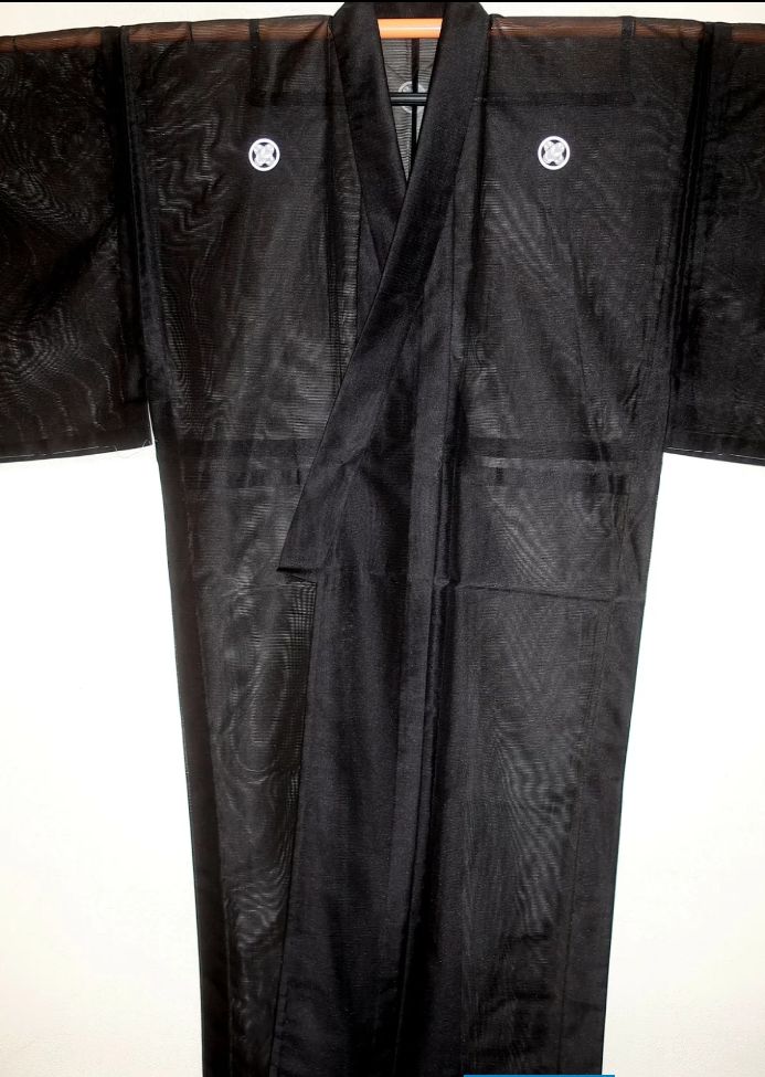 平絽の紋付着物 夏の男性用洗える黒紋付の着物単衣