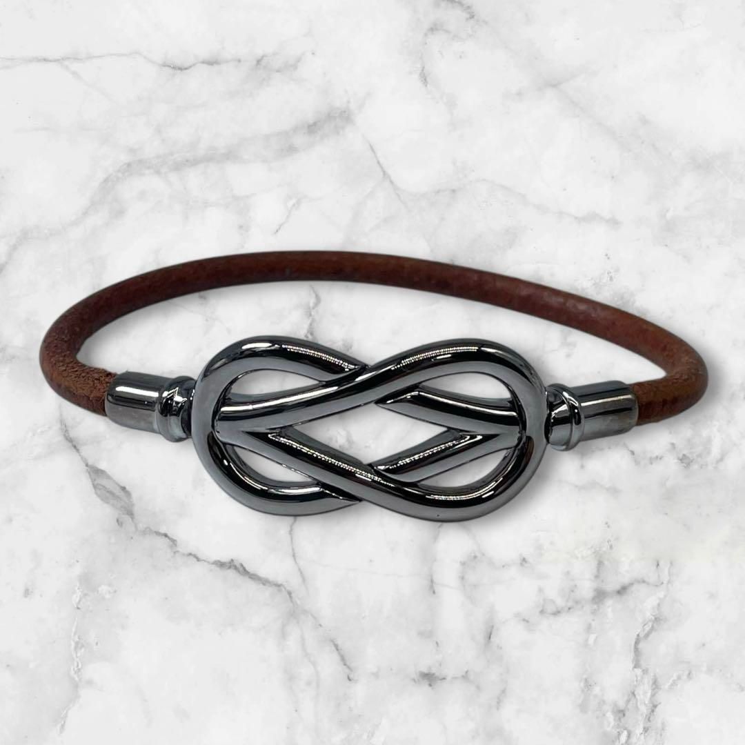 HERMES エルメス アタメ ブレスレット バングル レザー シルバー 茶