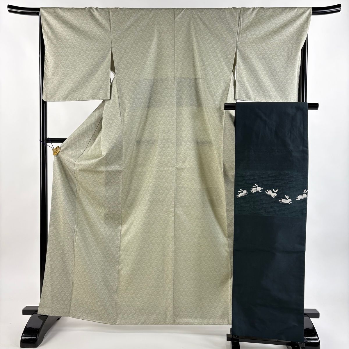 小紋 身丈164.5cm 裄丈67.5cm L 袷 名古屋帯セット 幾何学模様 灰緑 正絹 秀品