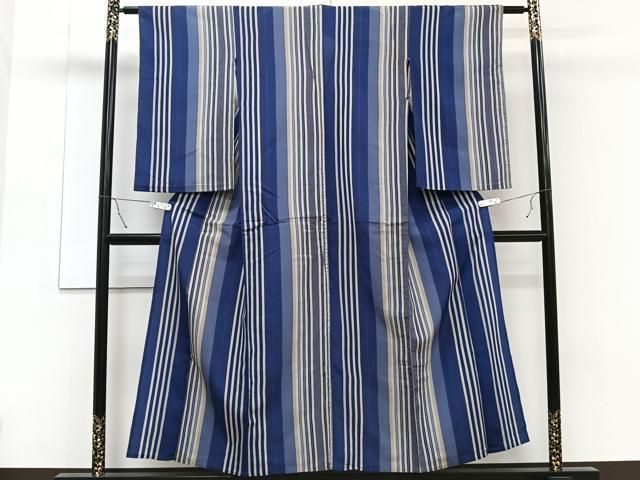 平和屋着物▽上質な紬 単衣 矢羽市松文 ロング丈 正絹