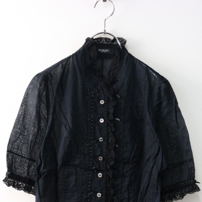 INGEBORG インゲボルグ　半袖ブラウス　フリルシャツ　リボン　レース　上品 インゲボルグ INGEBORG レースフリルリボンブラウス S/ブラック