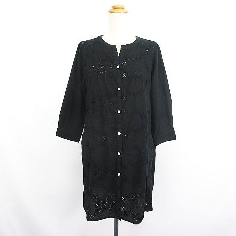 ゴールデンベア GOLDEN BEAR チュニック ワンピース 七分袖 スキッパー 刺繍 透かし模様 コットン L ブラック ※EKM