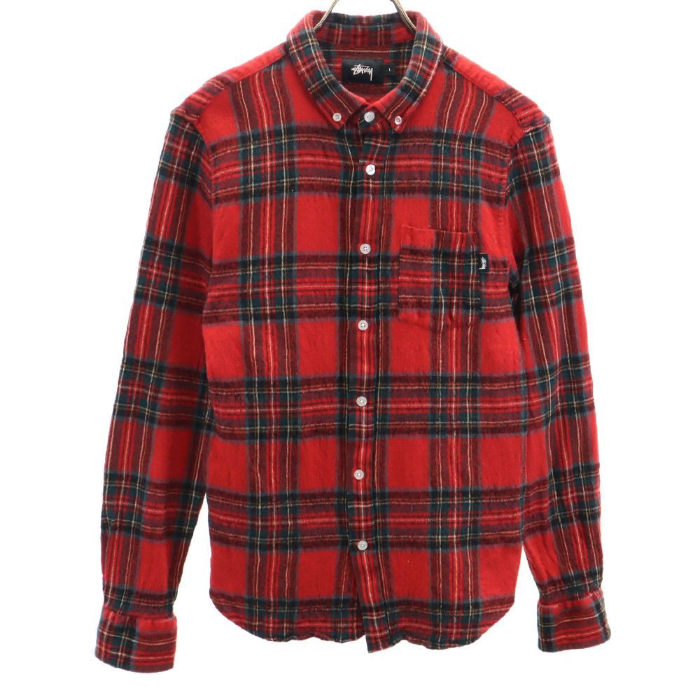 ステューシー 日本製 ウールブレンド チェック柄 長袖 ボタンダウン ネルシャツ L 赤 STUSSY メンズ 古着 【240308】