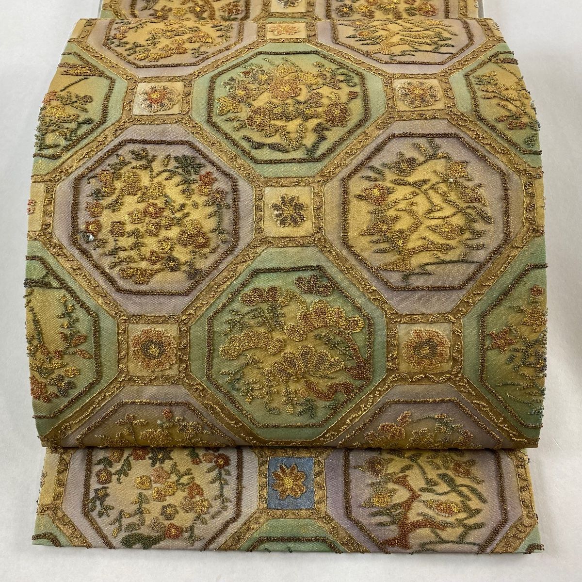 袋帯 蜀江文 草花 相良刺繍 金彩 紫 六通 正絹