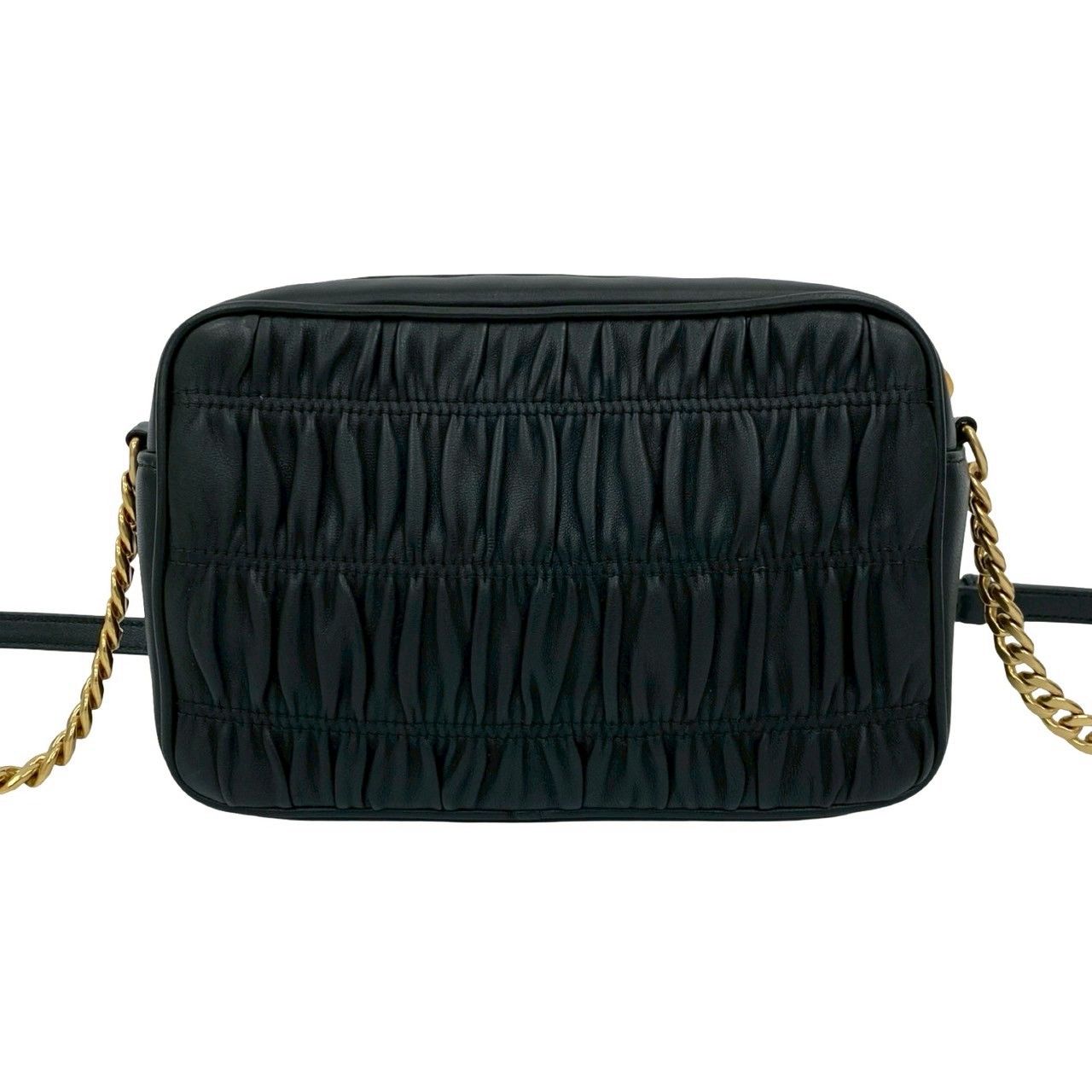 極 美品 PRADA プラダ ゴーフル ロゴ 金具 ギャザー レザー 本革