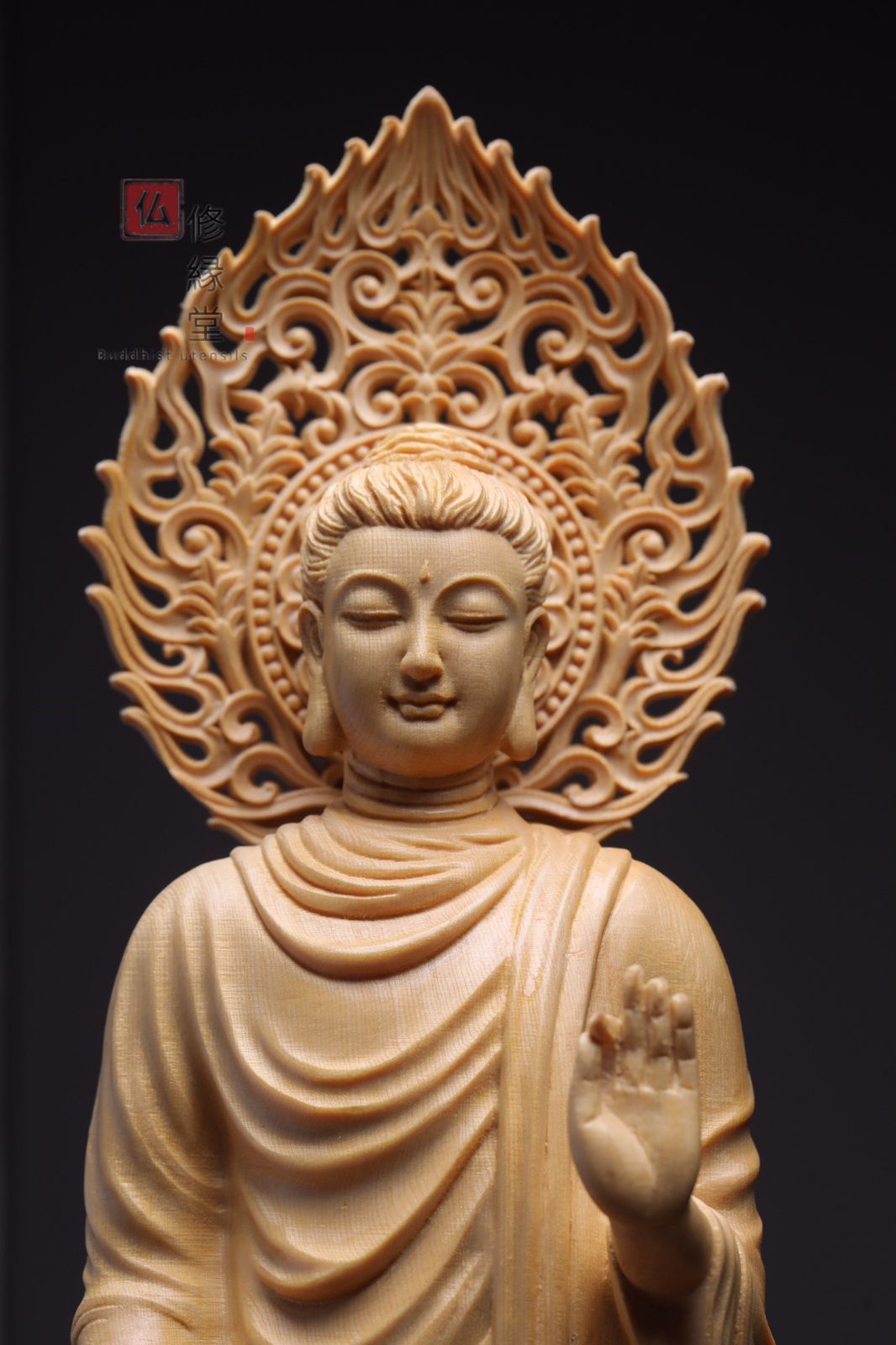 修縁堂】木彫り 仏像 釈迦如来立像 釈迦牟尼仏 彫刻 一刀彫 天然