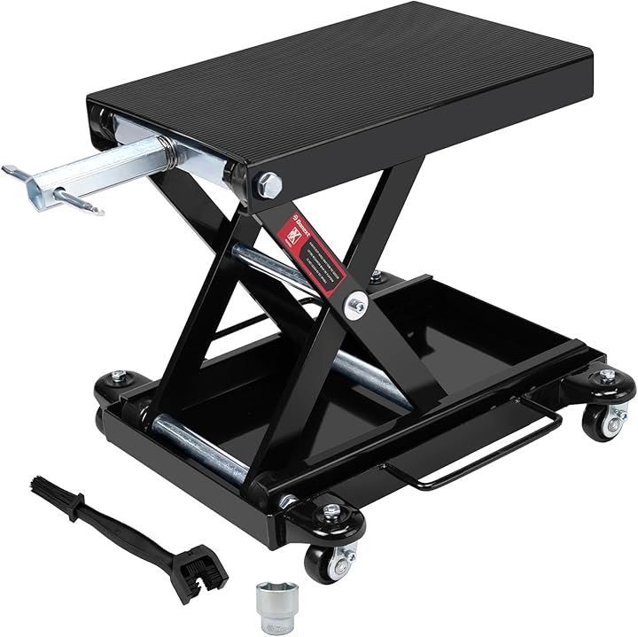 Donext バイクジャッキ バイクリフト リフトドーリー 耐荷重500kg ソケット付 ゴムマット付 キャスター付 3面チェーンブラシ付き ブラック-new
