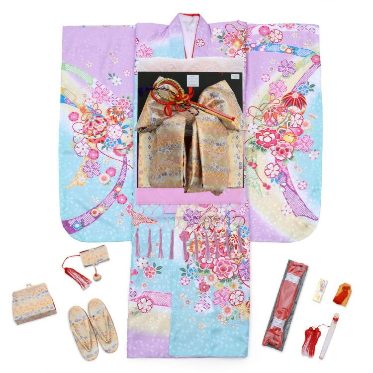 七五三 着物 7歳 フルセット 女の子 水色 ラベンダー 薄紫 くすみ色