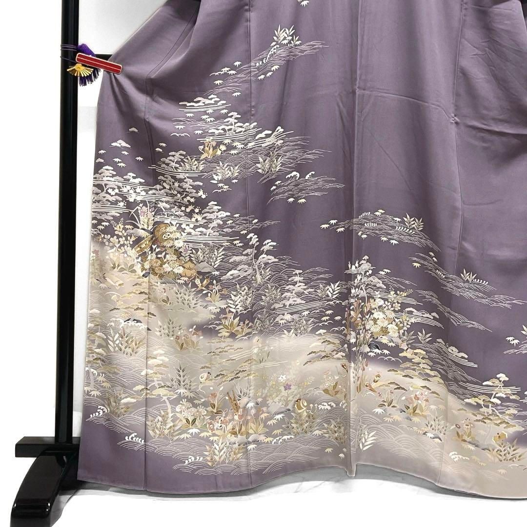 訪問着　金駒刺繍　金彩　楽器　松　竹　菊　桔梗　波　紋無し　着物　071a d 訪問着 金駒刺繍 金彩 楽器 松 竹 菊 桔梗 波 紋無し 着物 071a