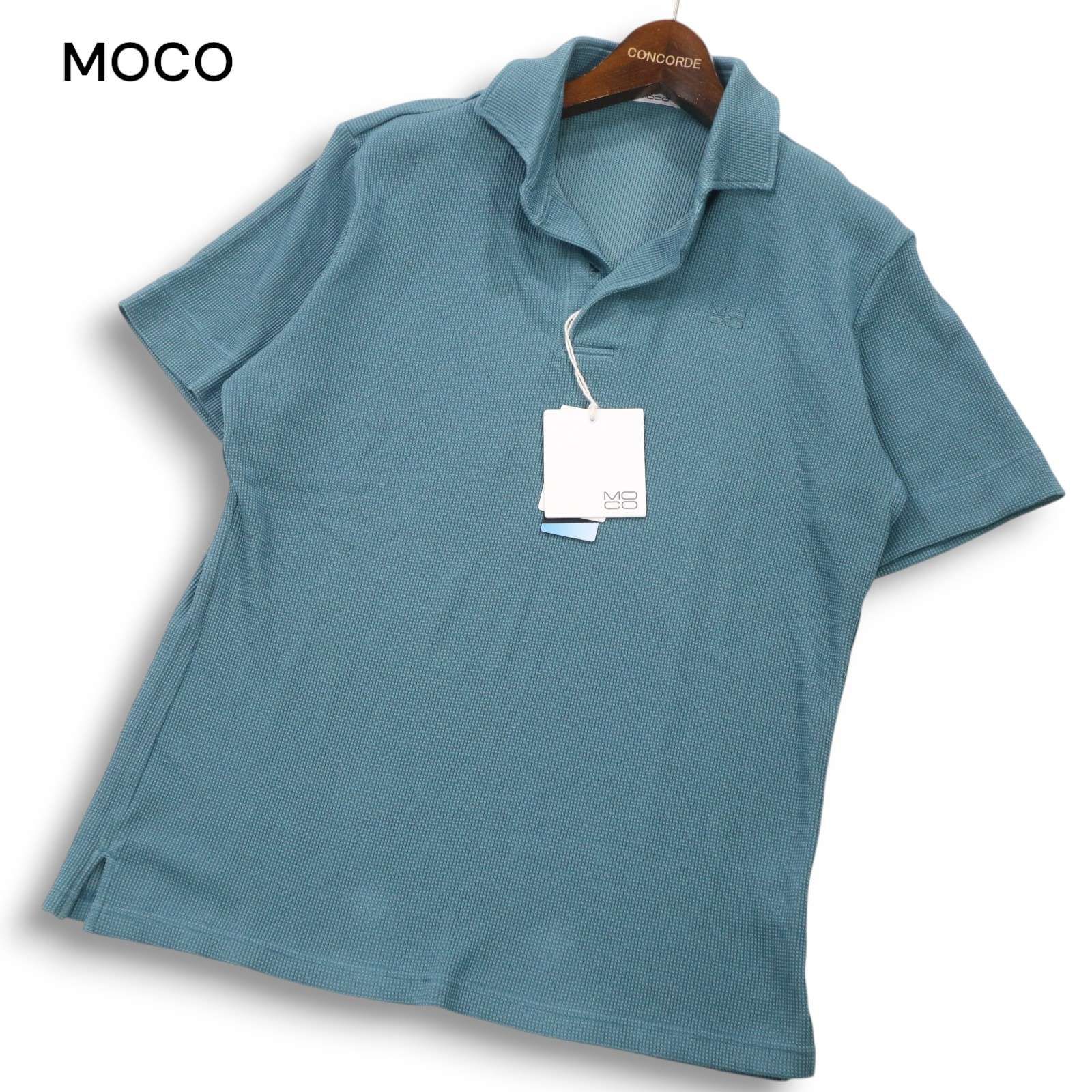 【新品 未使用】 MOCO モコ 春夏 クールマックス★ 半袖 ワッフル ポロシャツ Sz.50 メンズ ゴルフ 日本製 定価1.6万 新品 未使用】 MOCO モコ 春夏 クールマックス☆ 半袖 ワッフル