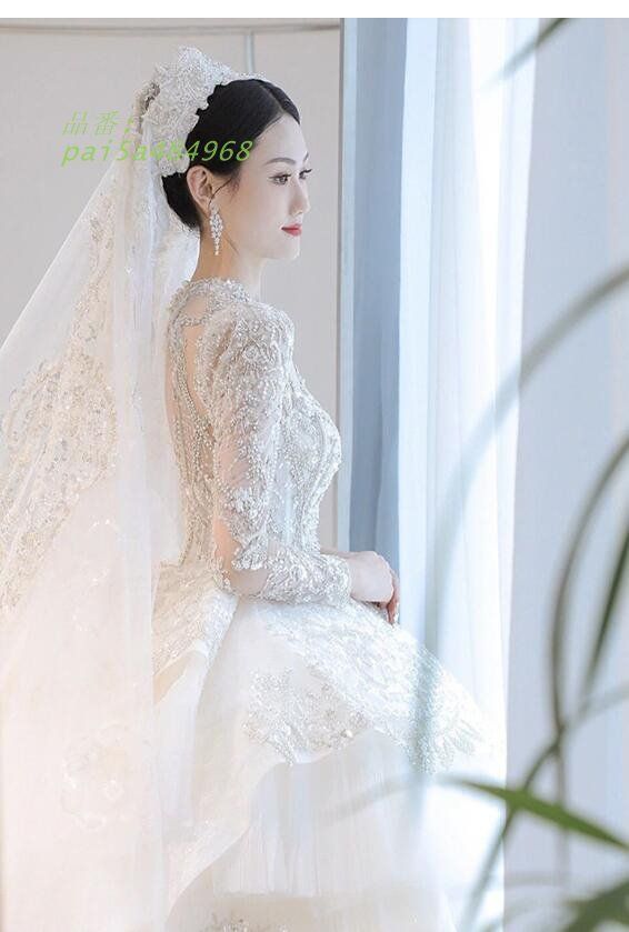 ウェディングドレス 白 長袖 立ち襟 トレーンドレス 結婚式ドレス ブライダルドレス 二次会ドレス スパンキラキラ ロングドレス 花嫁ドレス 袖あり 素敵 pai 5 a 484968