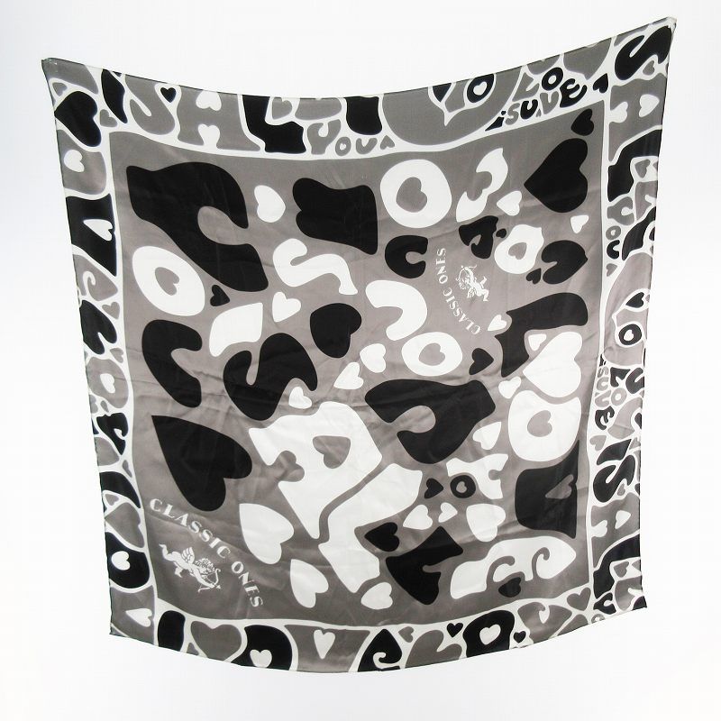 ポータークラシック Porter Classic 現行 SILK SCARF LOVE シルク スカーフラブ 総柄 グレー ブラック ホワイト 90ｃｍ×90ｃｍ
