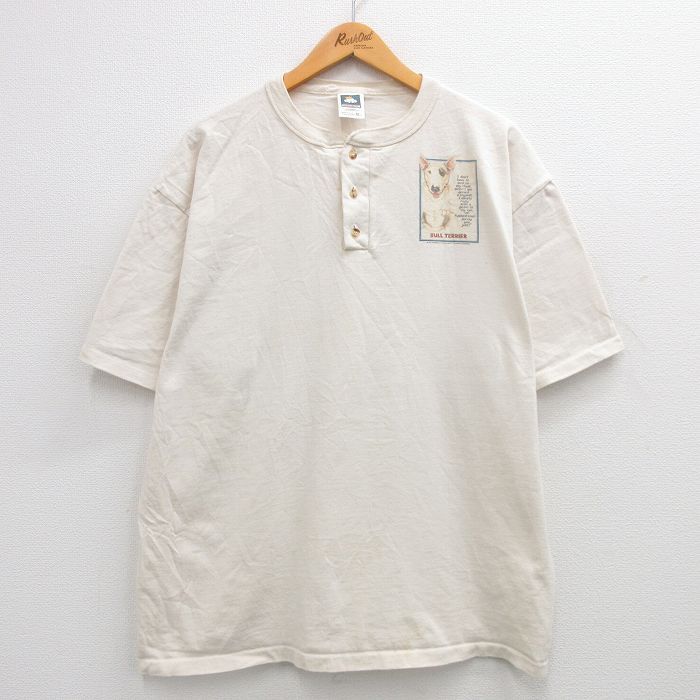 XL/古着 半袖 ビンテージ Tシャツ メンズ 90s 犬 ブルテリア 大きいサイズ コットン ヘンリーネック 生成り 24jun04 中古