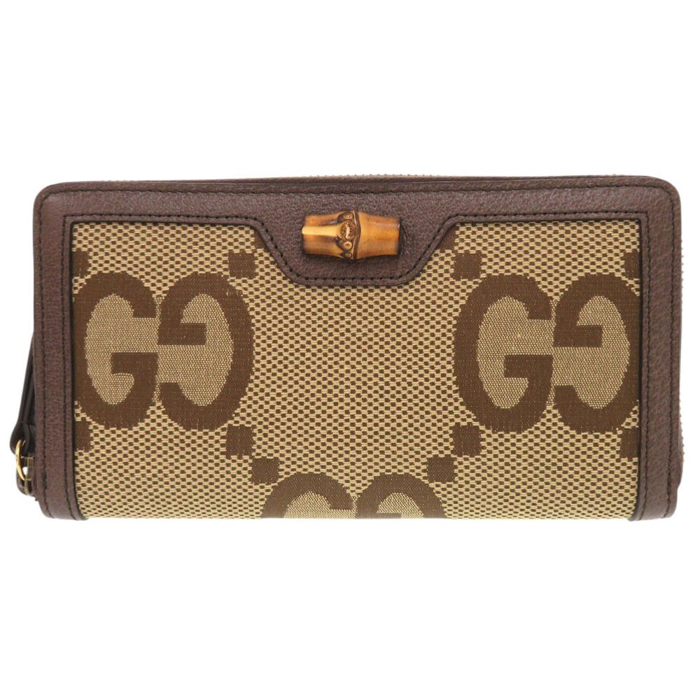 グッチ ジャンボGG バンブー 658634 キャンバス レザー ブラウン ベージュ ラウンドファスナー 長財布 0731 GUCCI