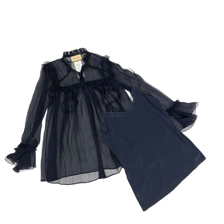 GUCCI グッチ シルクシフォン ブラウス ネイビー 40 657801 - メルカリ