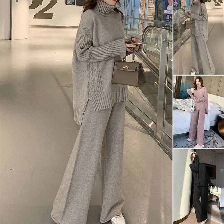 ニットアップ ニットセットアップ セットアップ 秋冬 ニット ワンマイルウェア セーター レディース ニットセーター タートルネック スリット 厚手 2点セット 上下 yskma 604487
