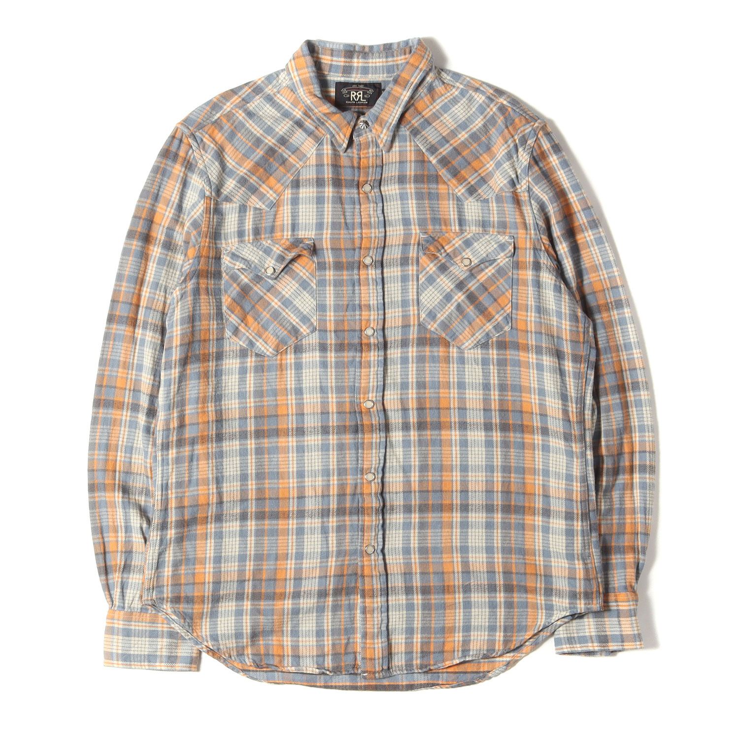 RRL ダブルアールエル シャツ サイズ L | 24AW コンチョボタン付き ウエスタン チェック フランネルシャツ | ライトブルー オレンジ | トップス カジュアルシャツ 長袖 メンズ