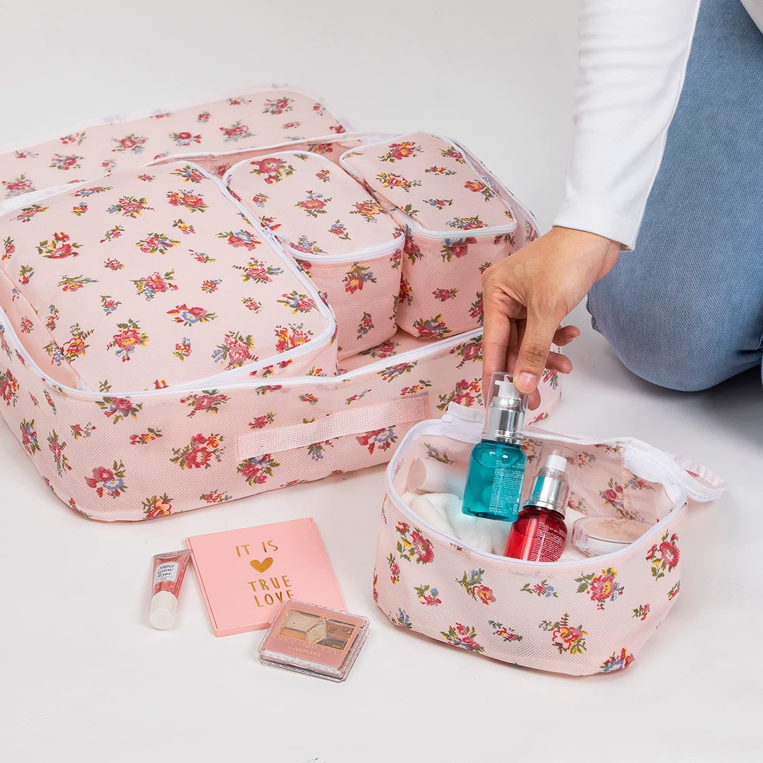 大特価』 バッグインバッグ 薄ピンク 花柄 5個セット 収納ケース