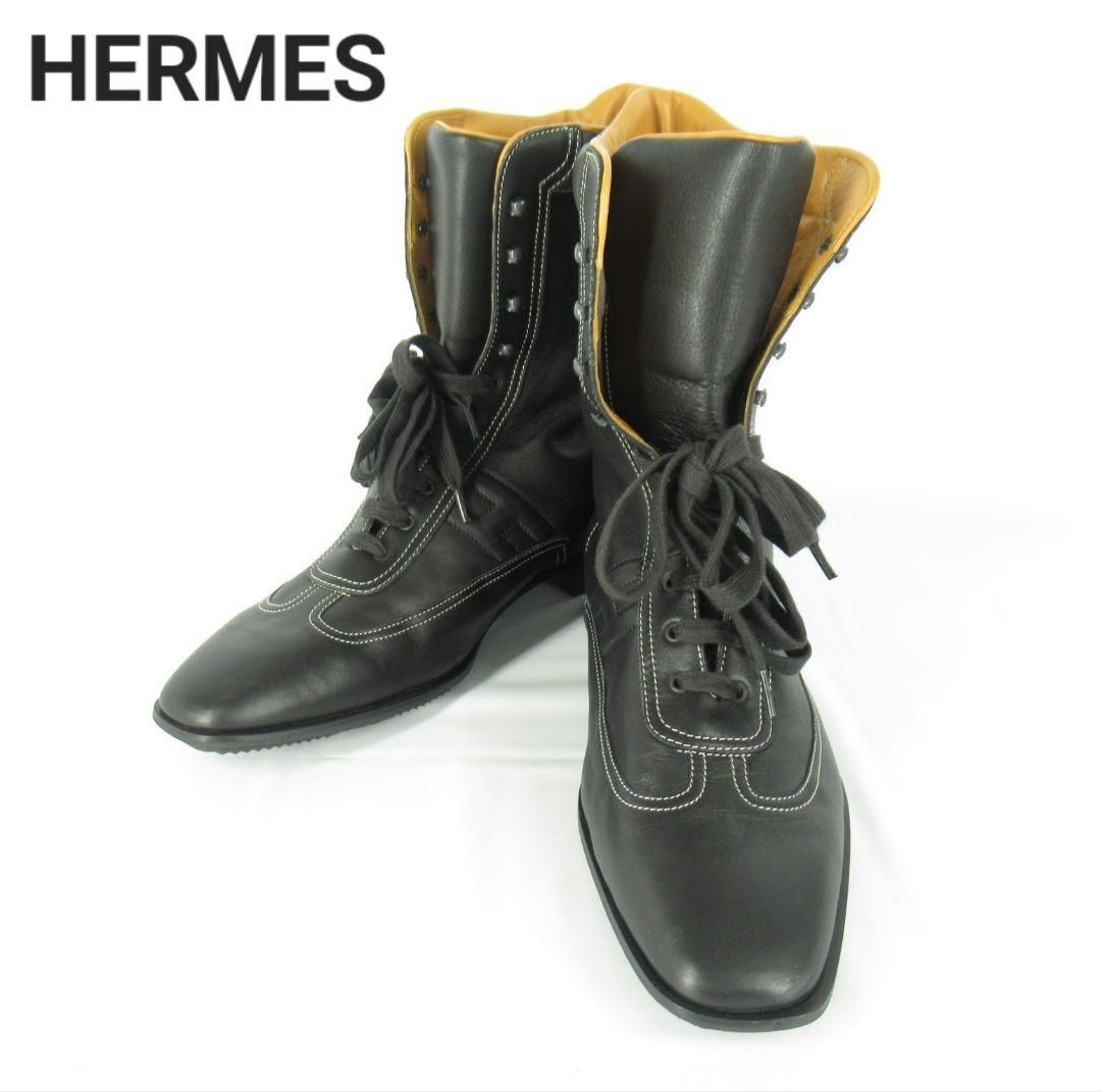 HERMES☆コンバット レースアップ ブーツ 37 ボックスカーフ