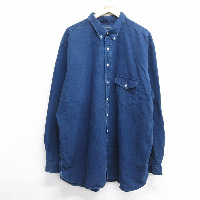 XL/古着 ラルフローレン 長袖 ブランド シャツ メンズ オックスフォード 大きいサイズ ロング丈 コットン ボタンダウン 紺 ネイビー 25feb2