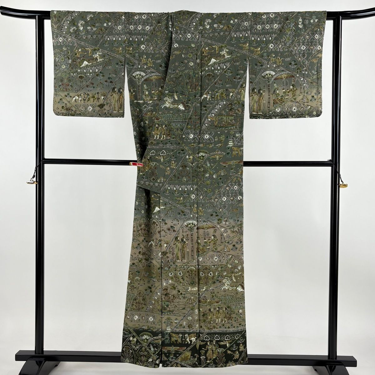 訪問着 身丈155cm 裄丈64.5cm M 袷 コプト柄 草花 刺繍 金糸 灰
