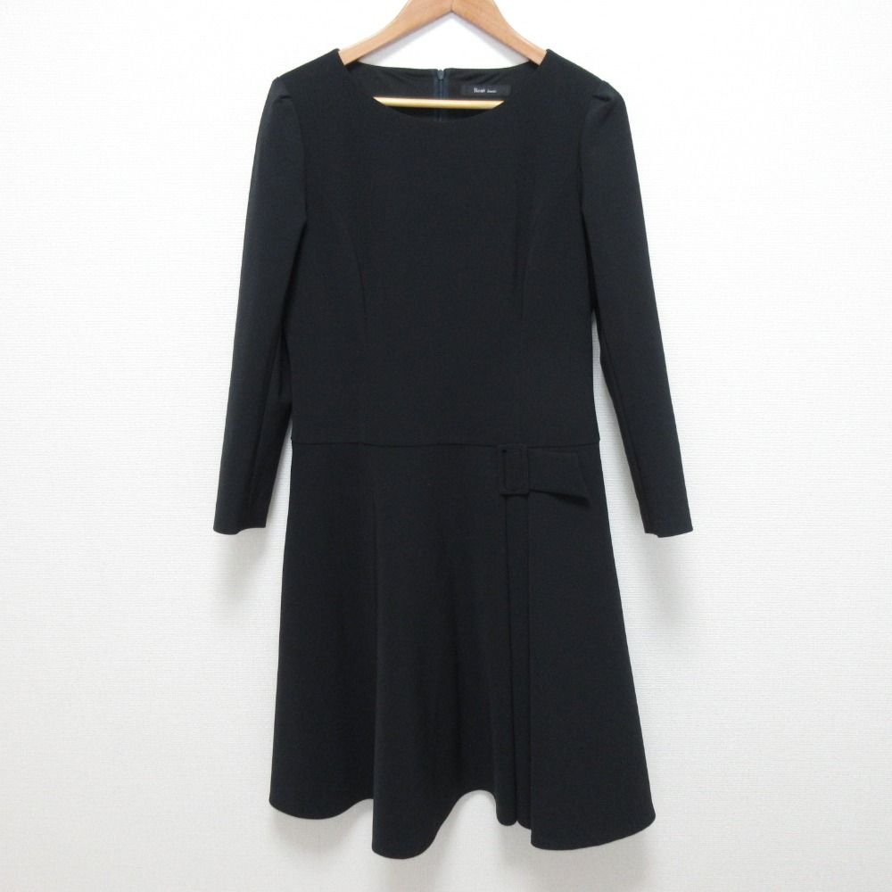 Rene basic ルネベーシック ベルトデザイン 長袖 ひざ丈 フ フォーマルワンピース サイズ38 ネイビー レディース 古着