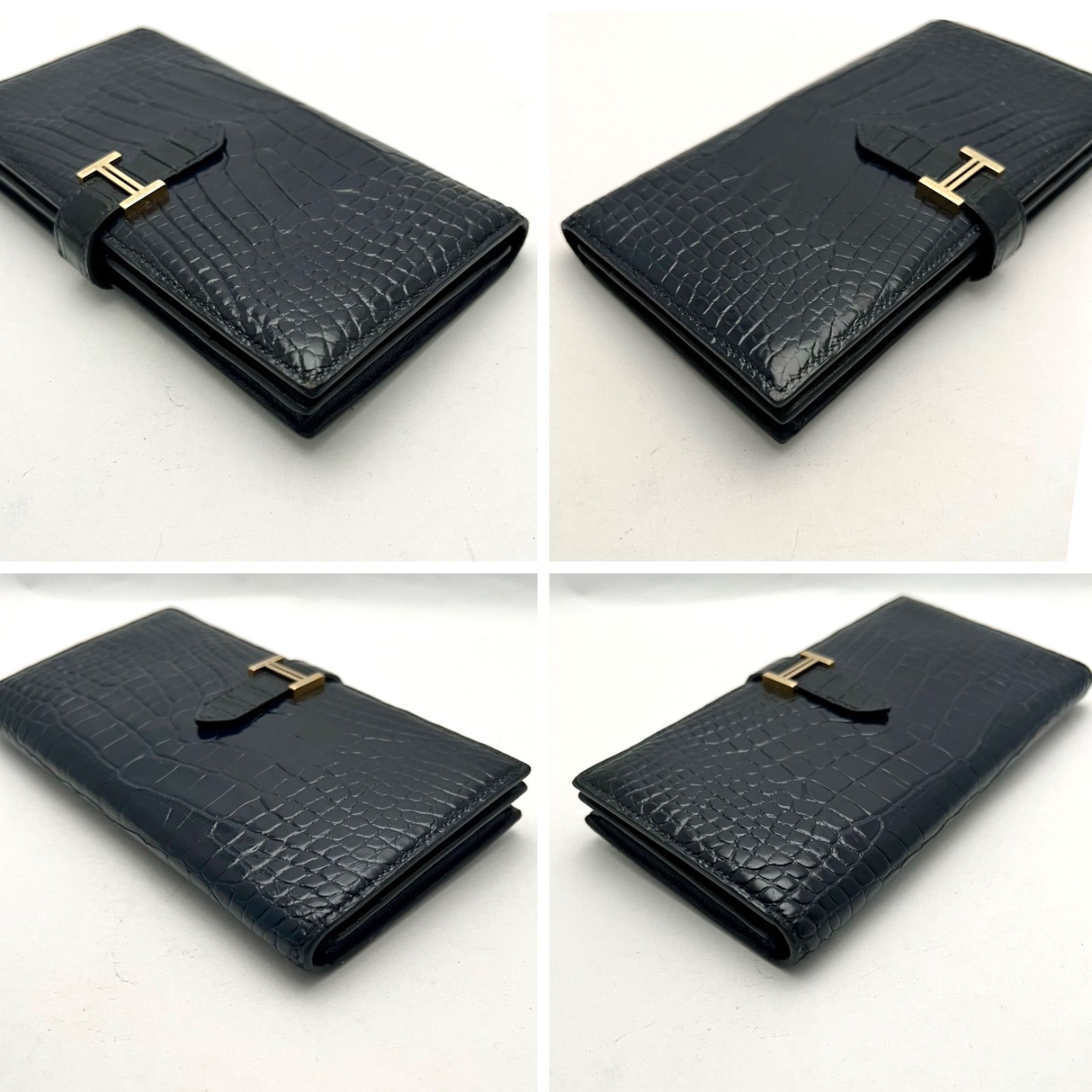 HERMESエルメス ベアンスフレ クロコアリゲーターネイビーゴールド財布長財布 HERMESエルメス ベアンスフレ クロコアリゲーターネイビー