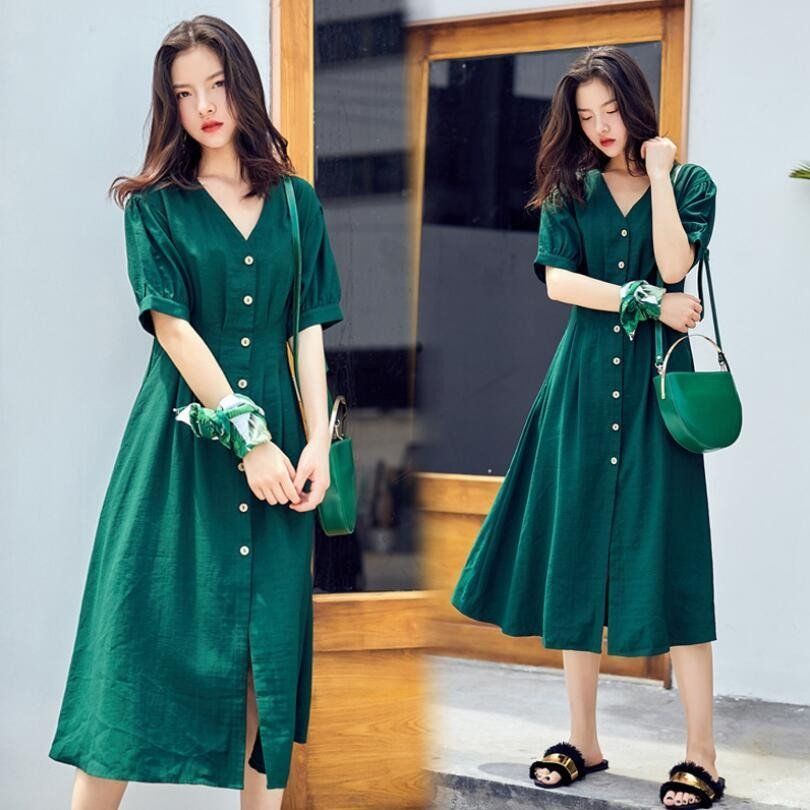 マキシワンピース レディース ロングワンピ 夏 グリーン リネンワンピ シャツワンピ Vネック 無地 半袖 大きいサイズ Aライン 着痩せ キレイめ 2018年 myoji37179