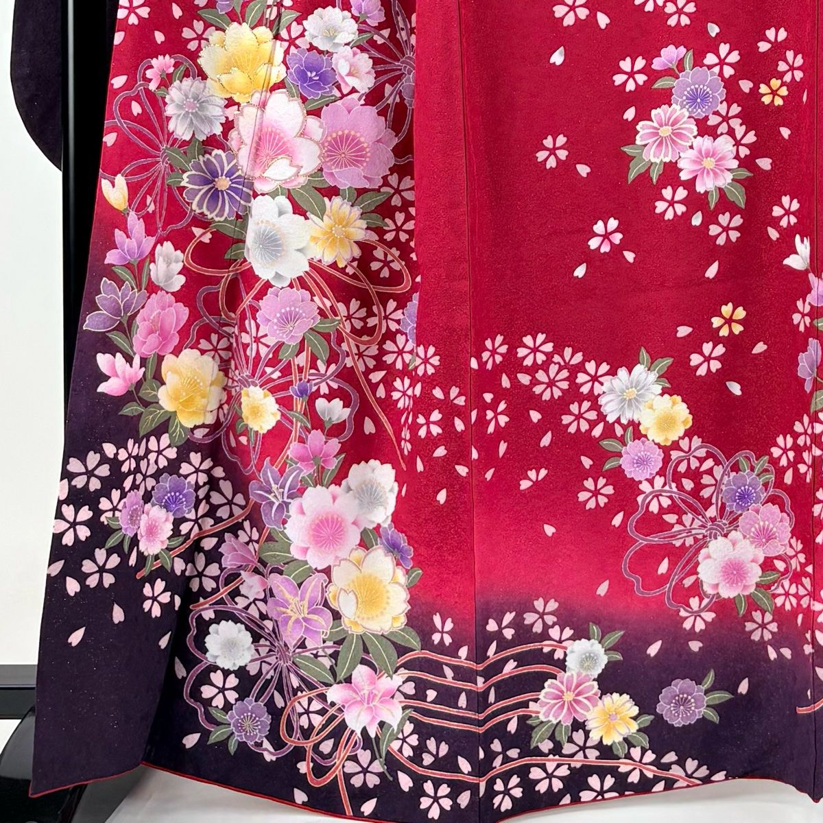 振袖 身丈163cm 裄丈73cm L 袷 桜 草花 金通し 箔 赤 正絹