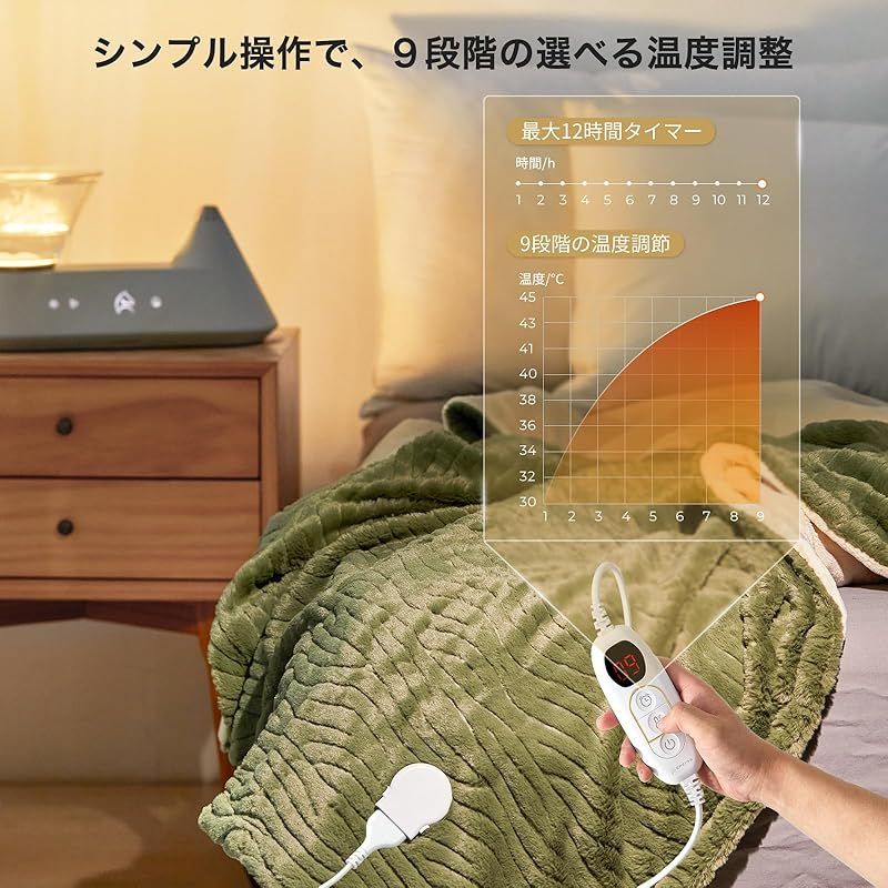 エペイオス Epeios 電気毛布 掛け敷き兼用 188x130cm 1-12時間タイマー付き 洗える 9段階温度調節 ぬいぐるみ生地 ダニ退治 省エネ シングル 電気ブランケット ひざ掛け 防寒対策 両面使え フォレストグリーン シュガークッキー 1