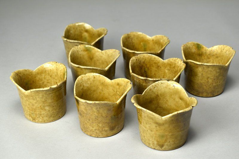 蔵A5212 赤津焼 陶玉軒 加藤錦也 黄瀬戸 向付 小鉢 八客