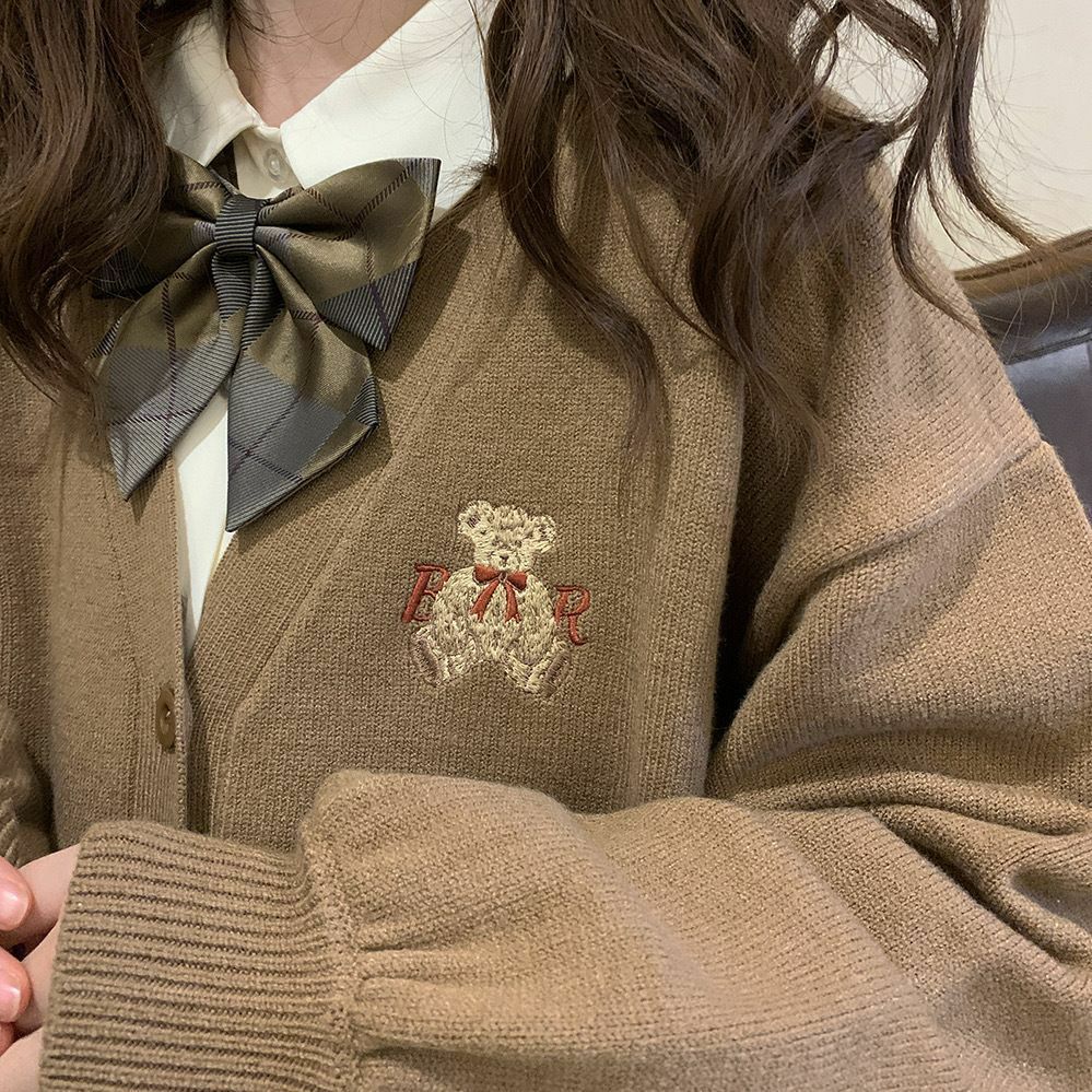 くま刺繍ニットカーディガン レディース ネック ゆったり