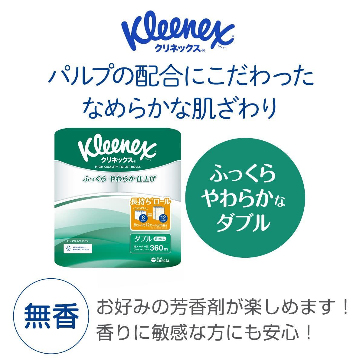 【在庫セール】&times;8パック入り 45mダブル ホワイト トイレット8ロール 長持ち 木材パルプ クリネックス 【ケース販売】