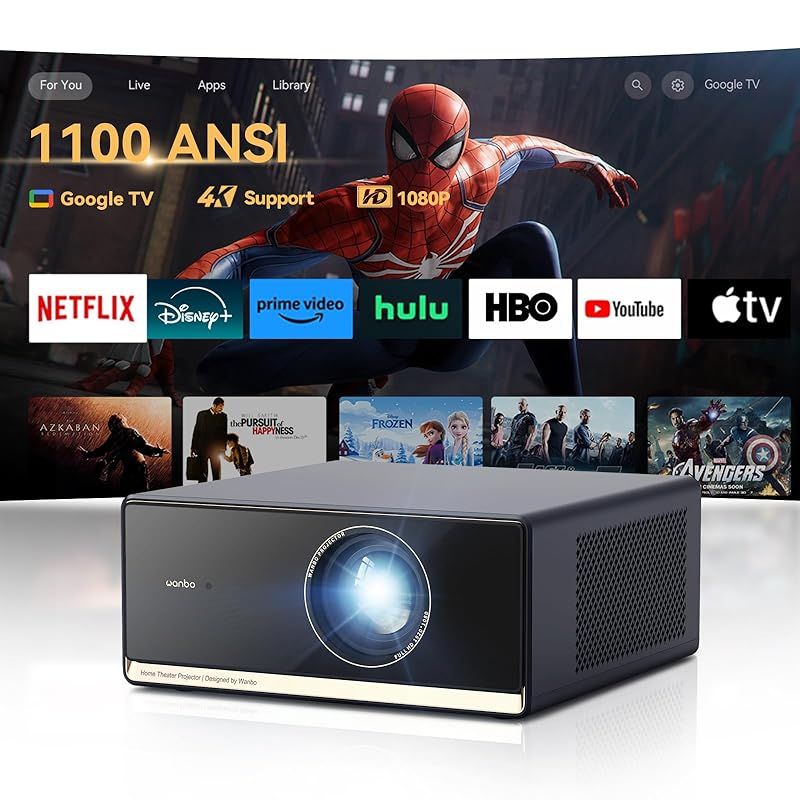 1100ANSI Google TV搭載 Wanbo X5 Pro プロジェクター 超明るい 4K対応 フルHD 1.25 1投影比率 26dB静音 10000 アプリ 音声制御 天井 小型 5G WiFi瞬時ブルートゥース chromeca 1