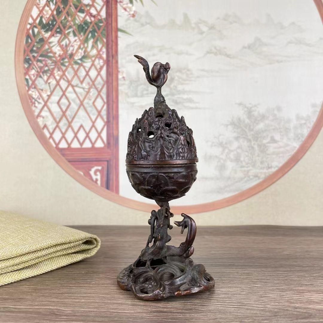 銅 細工 朱雀博山炉 禅意薫炉 茶道香炉 香具 装飾品 工芸品 置物