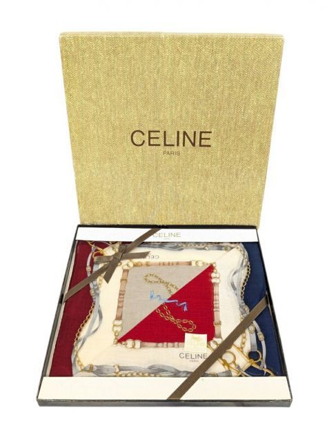 未使用 セリーヌ ハンカチ　箱入り 2枚セット スカーフ　ランチマット チェーン ベルト リボン CELINE　ネイビー レッド コットン　100％　綿　レディース　セット