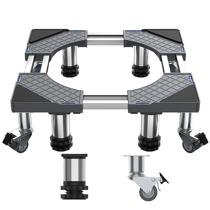 DEWEL 冷蔵庫 台 かさ上げ台 洗濯機台 8輪4ステンレス鋼足 8本鋼管 360度回転 置き台 防水パン 53.5～71cm 長さ調節可能 14?16cm 高さ調節可能 耐荷重500kg 洗濯パン 防振パッド付き (グレー) 1