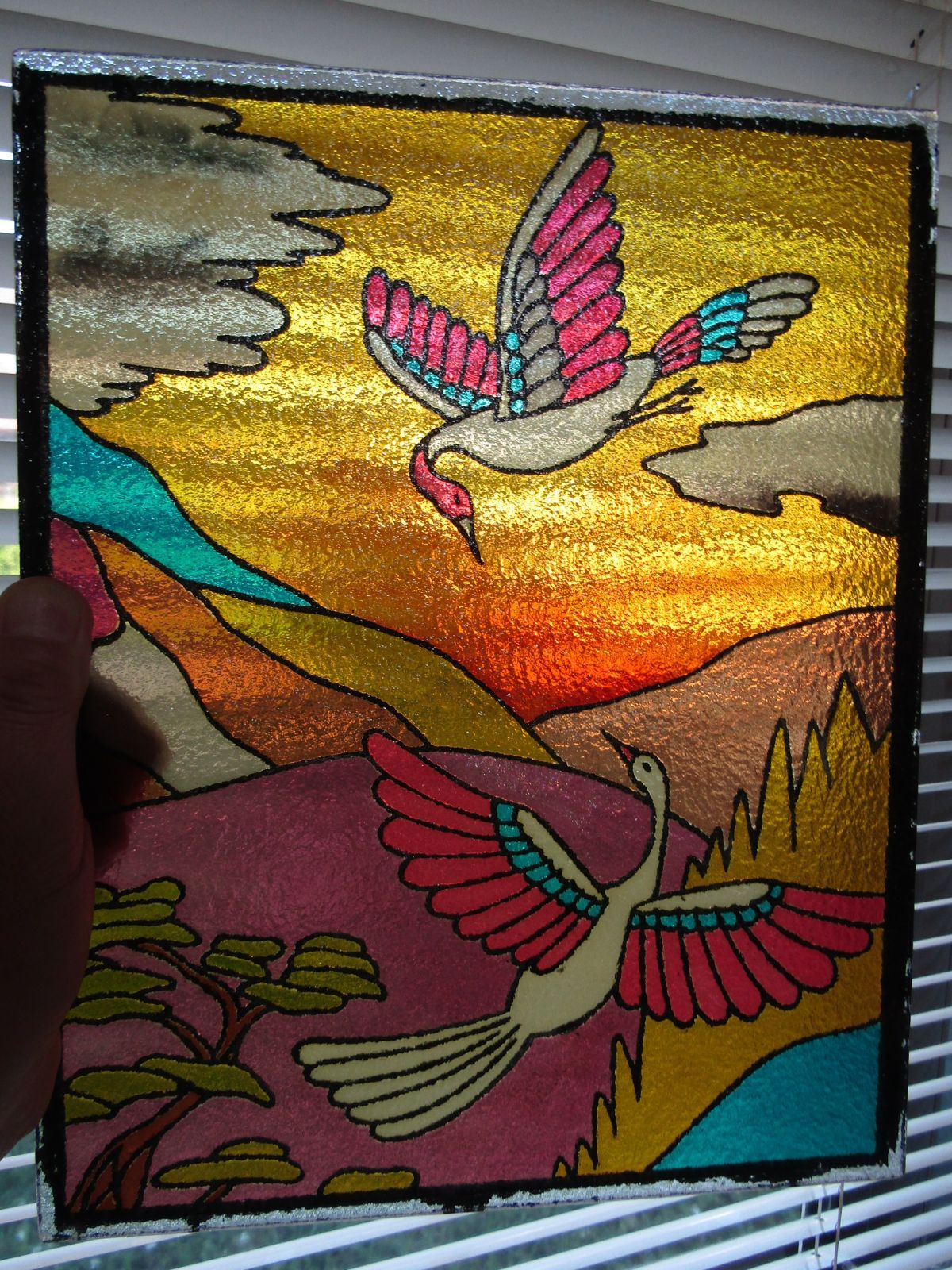 鶴のガラス絵　２枚セット　凹凸ガラス　でこぼこガラス　昭和レトロ-1