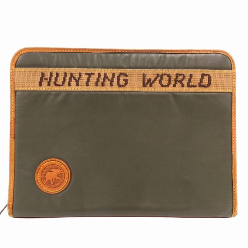 ハンティングワールド HUNTING WORLD クラッチバッグ セカンド ビジネス マルチケース バチュークロス レザー カーキ 茶 ブラウン /GV ■GY18