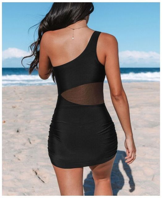 カップシー レディース ワンピース トップス Women s Asymmetrical Mesh Waist Swim Dress Black DECORATOM_COM_BR