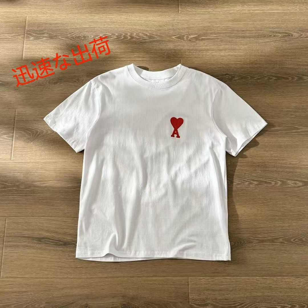 AMI PARIS Tシャツニット半袖ラウンドネックワンポイント刺繍ブラック 